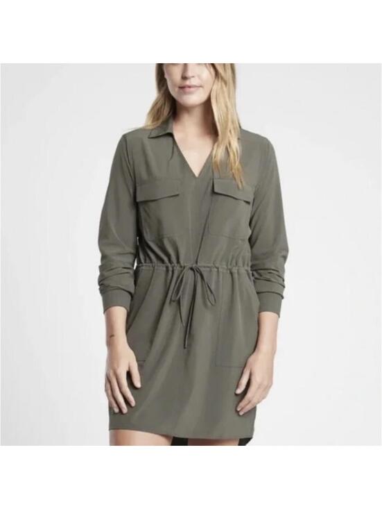 Athleta Dresses & Skirts - Athleta Olive Green Long-Sleeve Drawstring Shirt Dress Size M EUC